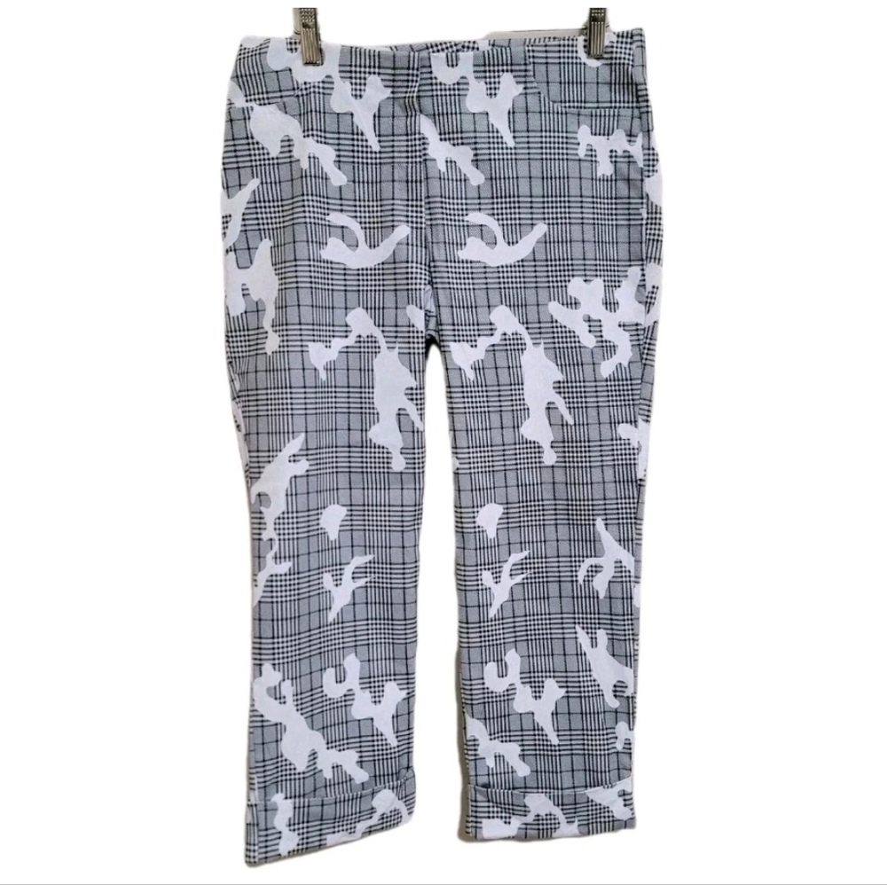 INSIGHT size 10 Camo Check Plaid Abstract Pull On Cropped Pants Stretch